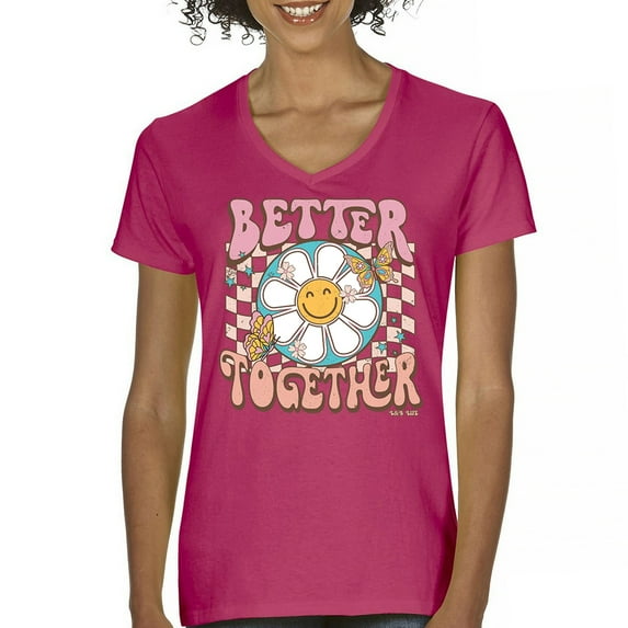 Better Together Women's V-Neck T-shirt Vintage Retro Boho Style 70s Floral Vibe Hippie Peace Love Friendship Bohemian Tee
