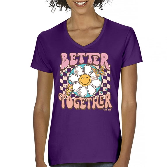 Better Together Women's V-Neck T-shirt Vintage Retro Boho Style 70s Floral Vibe Hippie Peace Love Friendship Bohemian Tee