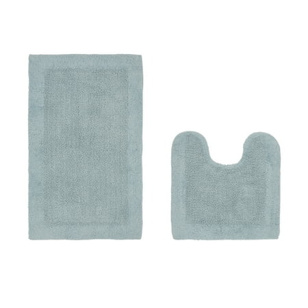 Better Trends Edge Blue 100% Cotton Reversible 2 Piece Bath Rug Set, 20" x 20" | 21" x 34"