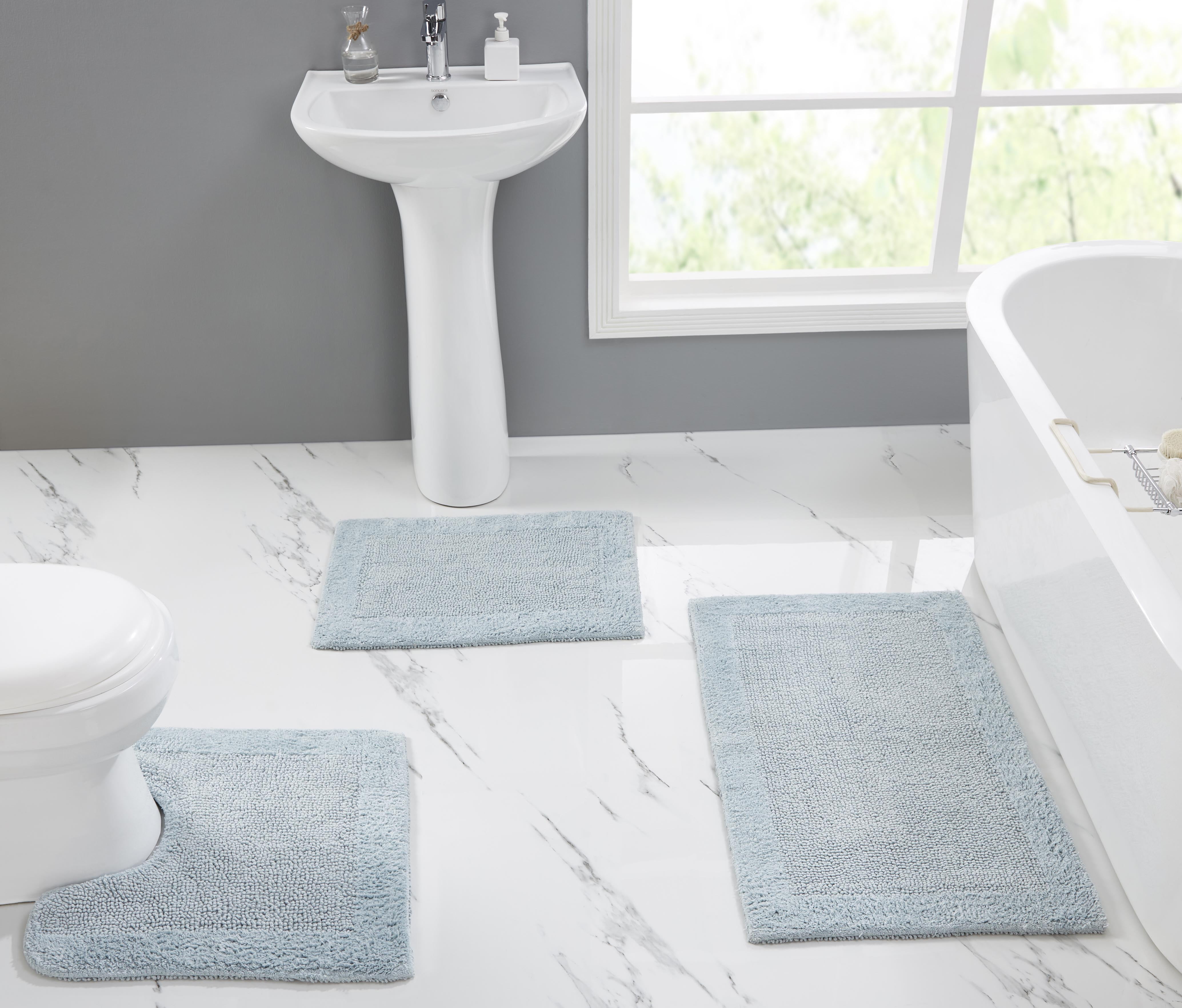 Blue Cotton Tufted Reversible 3-Piece Bath Rug Set