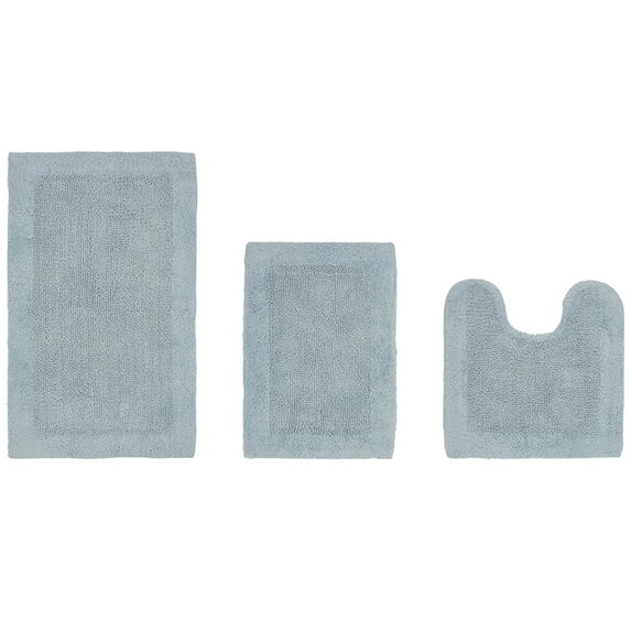 Better Trends 3 Piece Premium Bathroom Rug Set 100% Cotton Soft Tufted Bath Mat Water absorbent Reversible U shape Toilet Bath Rug Perfect for Bathroom, Shower and Bathtub Use, Blue - Edge Collection