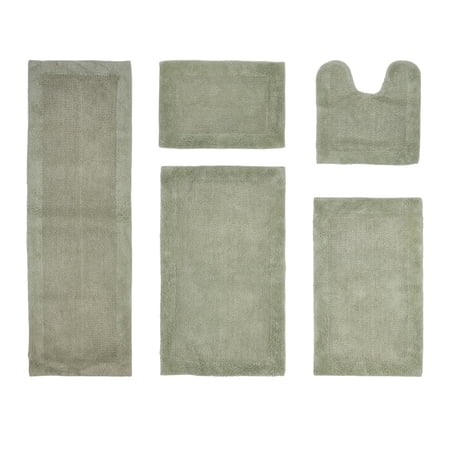 Better Trends 5 Piece Premium Bathroom Rug Set 100% Cotton Soft Tufted Bath Mat Water absorbent Reversible U shape Toilet Bath Rug for Bathroom, Shower and Bathtub Use, Dark Sage - Edge Collection