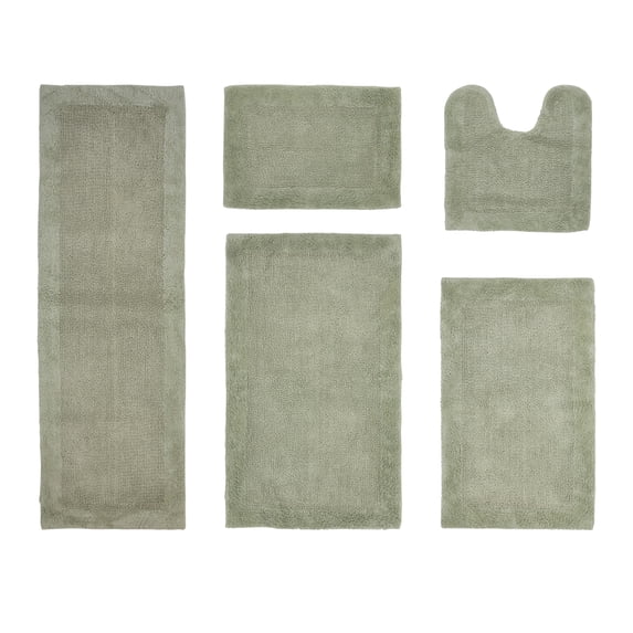 Better Trends 5 Piece Premium Bathroom Rug Set 100% Cotton Soft Tufted Bath Mat Water absorbent Reversible U shape Toilet Bath Rug for Bathroom, Shower and Bathtub Use, Dark Sage - Edge Collection