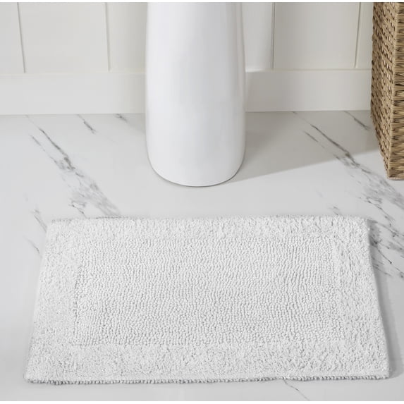 Better Trends 17" x 24" Premium Bathroom Rugs 100% Cotton Soft Reversible Tufted Bath Mat Water Absorbent Bath Rug Ideal for Bathroom Shower and Tub Use (White) Edge Collection