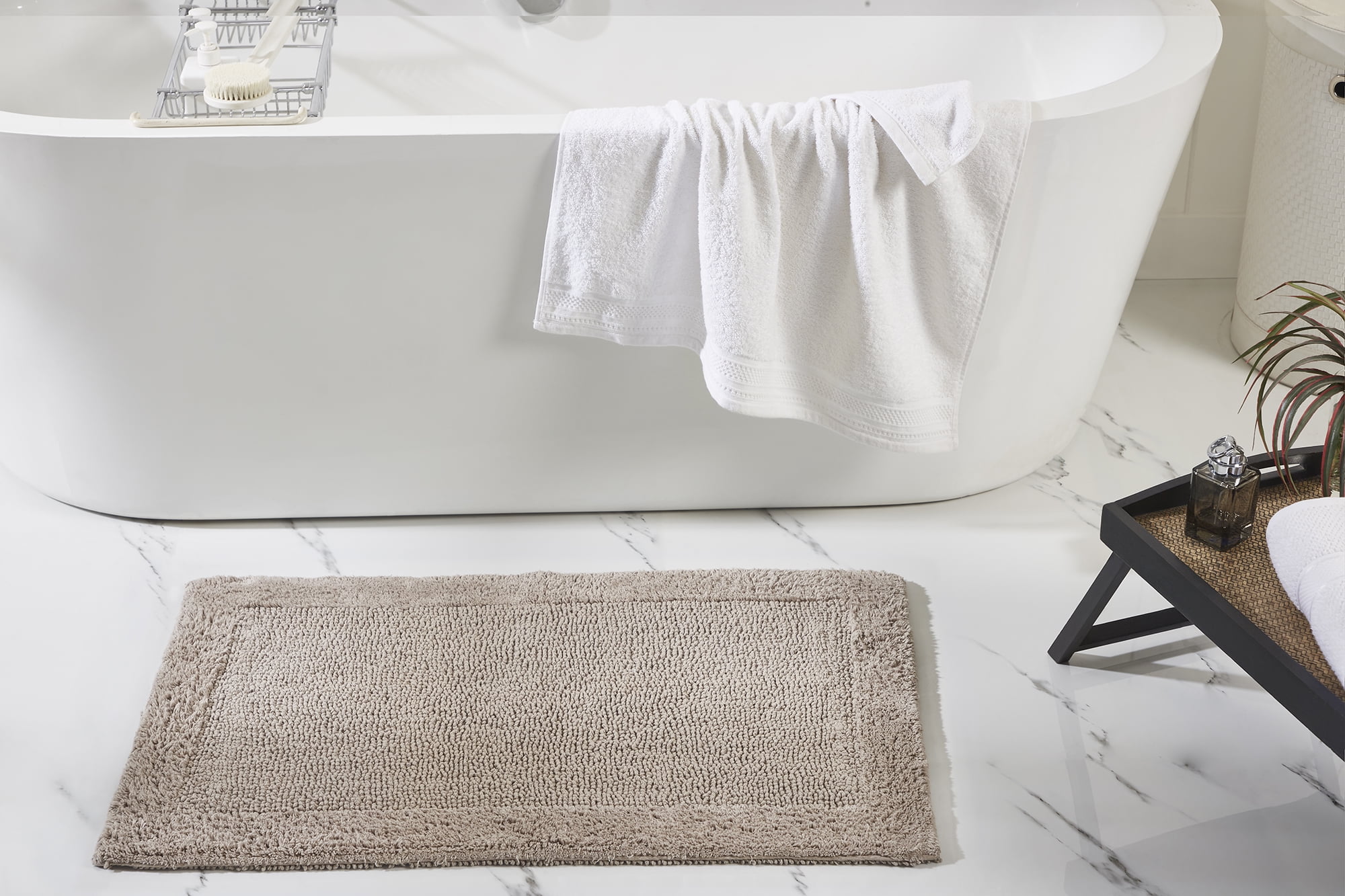 Edge Collection Beige 100% Cotton Reversible Bath Rug 21" x 34"