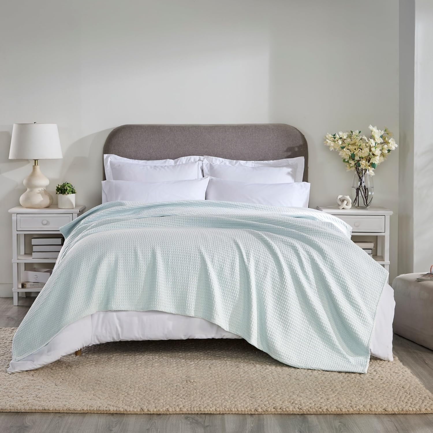 Better Trends All Season Full/Queen Size Blanket 100% Cotton Waffle Weave Blanket for Couch Lightweight & Breathable, Soft Blanket (90"x 90") Light Blue Janiya Collection