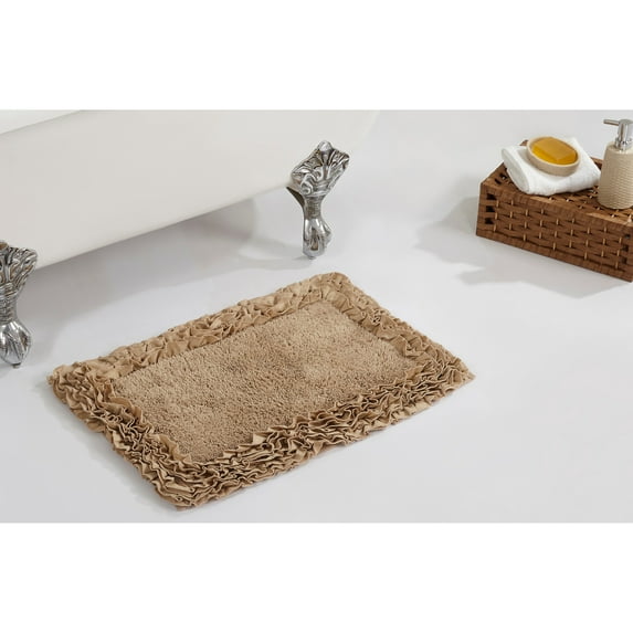Better Trends 17" x 24" Premium Bathroom Rug 100% Cotton, Ultra Soft Bath Mat, Water Absorbent, Non-Slip Ruffle Border (Beige) Shaggy Border Collection