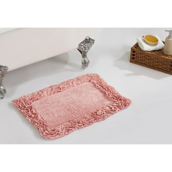 Better Trends 17" x 24" Premium Bathroom Rug 100% Cotton, Ultra Soft Bath Mat, Water Absorbent, Non-Slip Ruffle Border (Pink) Shaggy Border Collection