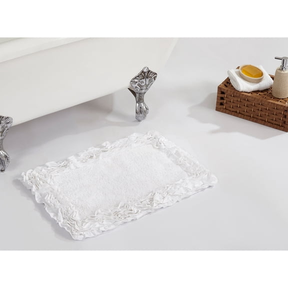 Better Trends 17" x 24" Premium Bathroom Rug 100% Cotton, Ultra Soft Bath Mat, Water Absorbent, Non-Slip Ruffle Border (White) Shaggy Border Collection