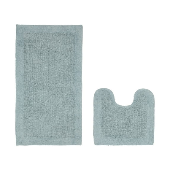 Better Trends 2 Piece Premium Bathroom Rug Set 100% Cotton Soft Tufted Reversible Bath Rug Water absorbent Bath Mat Ideal for Bathroom Shower and Tub Use, Edge Collection Blue (20" x 20" | 24" x 40")