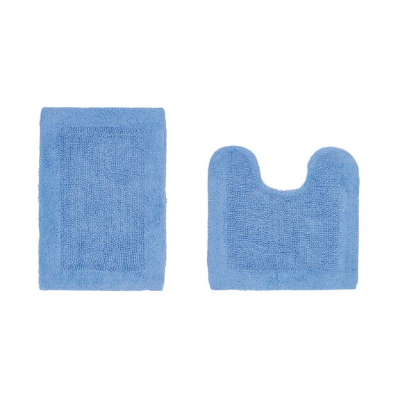 Better Trends 2 Piece Premium Bathroom Rug Set 100% Cotton Soft Tufted Reversible Bath Rug Water absorbent Bath Mat for Bathroom Shower and Tub Use, Edge Collection Dark Blue (17" x 24" | 20" x 20")