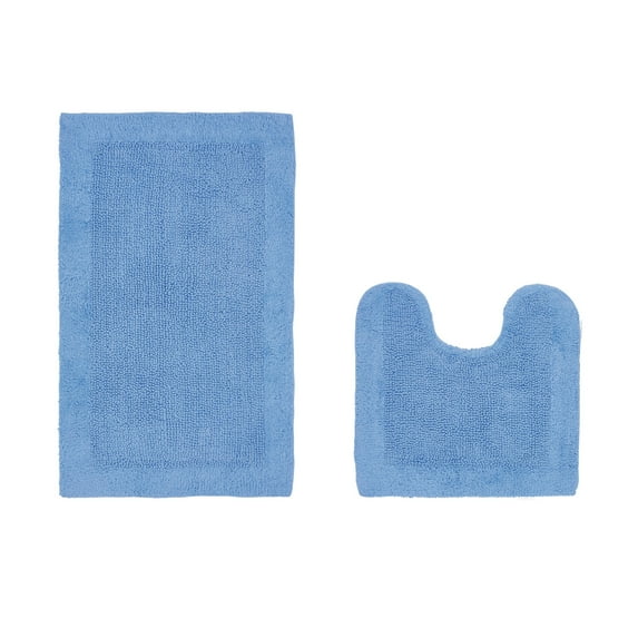 Better Trends 2 Piece Premium Bathroom Rug Set 100% Cotton Soft Tufted Reversible Bath Rug Water absorbent Bath Mat for Bathroom Shower and Tub Use, Edge Collection Dark Blue (20" x 20" | 21" x 34")