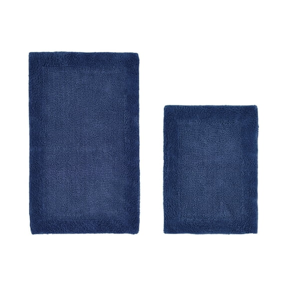 Better Trends 2 Piece Premium Bathroom Rug Set 100% Cotton Soft Tufted Reversible Bath Rug Water absorbent Bath Mat Ideal for Bathroom Shower and Tub Use, Edge Collection Navy (17" x 24" | 21" x 34")