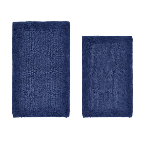 Better Trends 2 Piece Premium Bathroom Rug Set 100% Cotton Soft Tufted Reversible Bath Rug Water absorbent Bath Mat Ideal for Bathroom Shower and Tub Use, Edge Collection Navy (21" x 34" | 24" x 40")