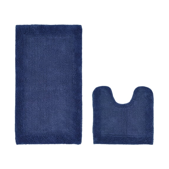 Better Trends 2 Piece Premium Bathroom Rug Set 100% Cotton Soft Tufted Reversible Bath Rug Water absorbent Bath Mat Ideal for Bathroom Shower and Tub Use, Edge Collection Navy (20" x 20" | 24" x 40")