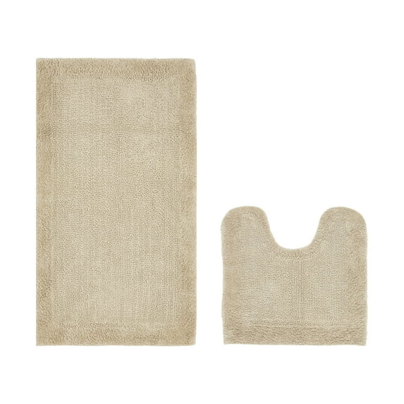 Better Trends 2 Piece Premium Bathroom Rug Set 100% Cotton Soft Tufted Reversible Bath Rug Water absorbent Bath Mat Ideal for Bathroom Shower and Tub Use, Edge Collection Sand (20" x 20" | 24" x 40")