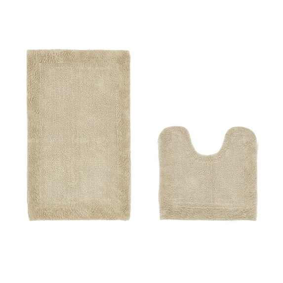 Better Trends 2 Piece Premium Bathroom Rug Set 100% Cotton Soft Tufted Reversible Bath Rug Water absorbent Bath Mat Ideal for Bathroom Shower and Tub Use, Edge Collection Sand (20" x 20" | 21" x 34")