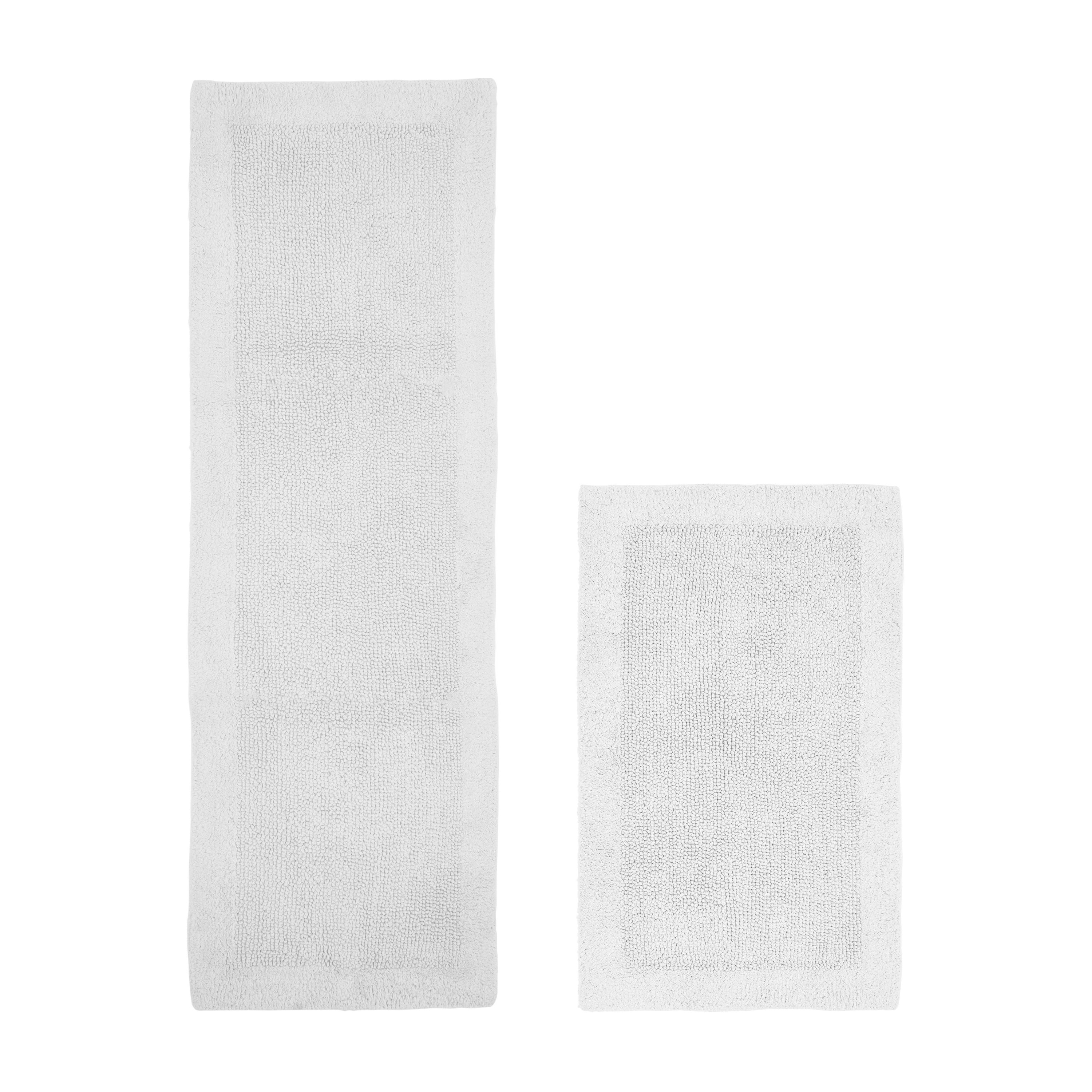 Better Trends 2 Piece Premium Bathroom Rug Set 100% Cotton Soft Tufted Reversible Bath Rug Water absorbent Bath Mat for Bathroom Shower and Tub Use, Edge Collection White (21" x 34" | 20" x 60")