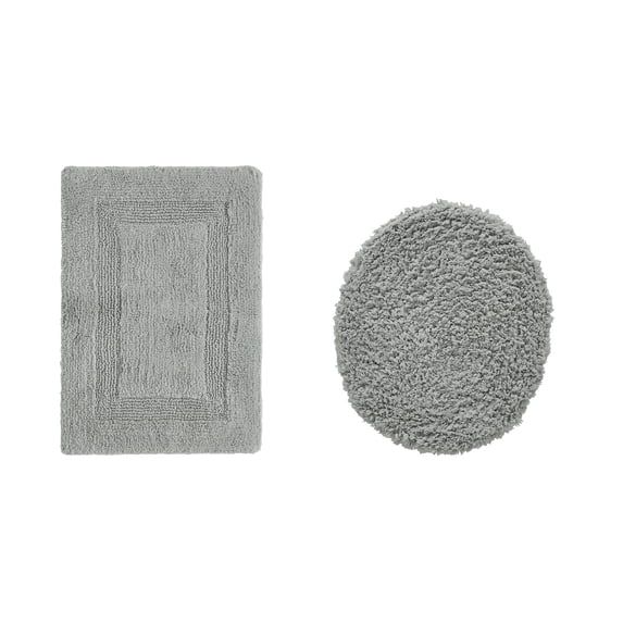 Better Trends 2 Piece Bathroom Rugs Toilet Lid Cover Set 100% Cotton Water Absorbent Reversible Mat Machine Washable Bath Rug for Bathroom Floor Decor Toilet Seat Covers 18"x20"|17"x24" Silver Lux