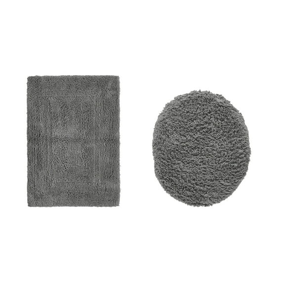Better Trends 2 Piece Bathroom Rugs Toilet Lid Cover Set 100% Cotton Water Absorbent Reversible Mat Machine Washable Bath Rug for Bathroom Floor Decor Toilet Seat Covers 18"x20"|17"x24" Gray Lux