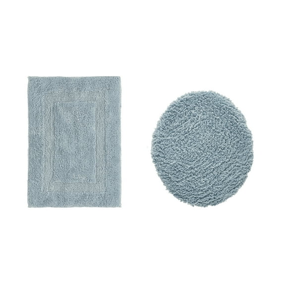 Better Trends 2 Piece Bathroom Rugs Toilet Lid Cover Set 100% Cotton Water Absorbent Reversible Mat Machine Washable Bath Rug for Bathroom Floor Decor Toilet Seat Covers 18"x20"|17"x24" Blue Lux