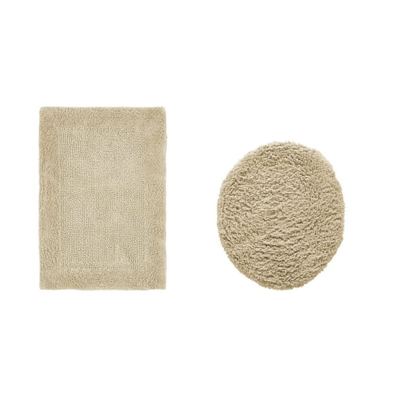 Better Trends 2 Piece Premium Bathroom Rug Set 100% Cotton Soft Tufted Reversible Bath Rug Water absorbent Bath Mat Ideal for Bathroom Shower and Tub Use, Edge Collection Sand (18" x 20" | 17" x 24")
