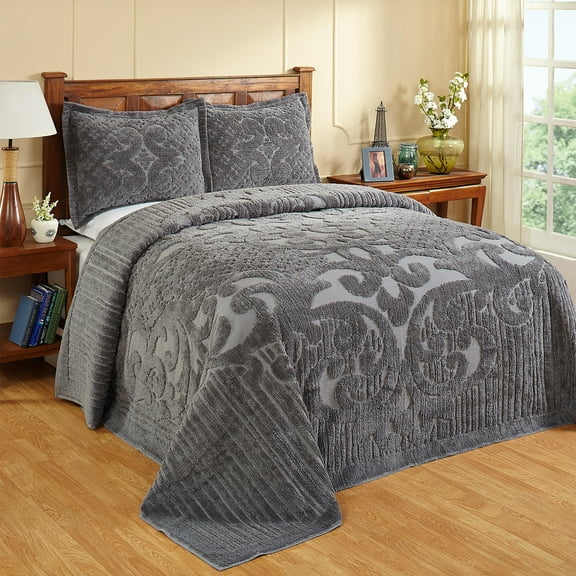 Better Trends 2 Piece Chenille Bedspread Set for Twin Bedspread 100% Cotton Lightweight Bedspread for all Season Ashton Collection (Gray)