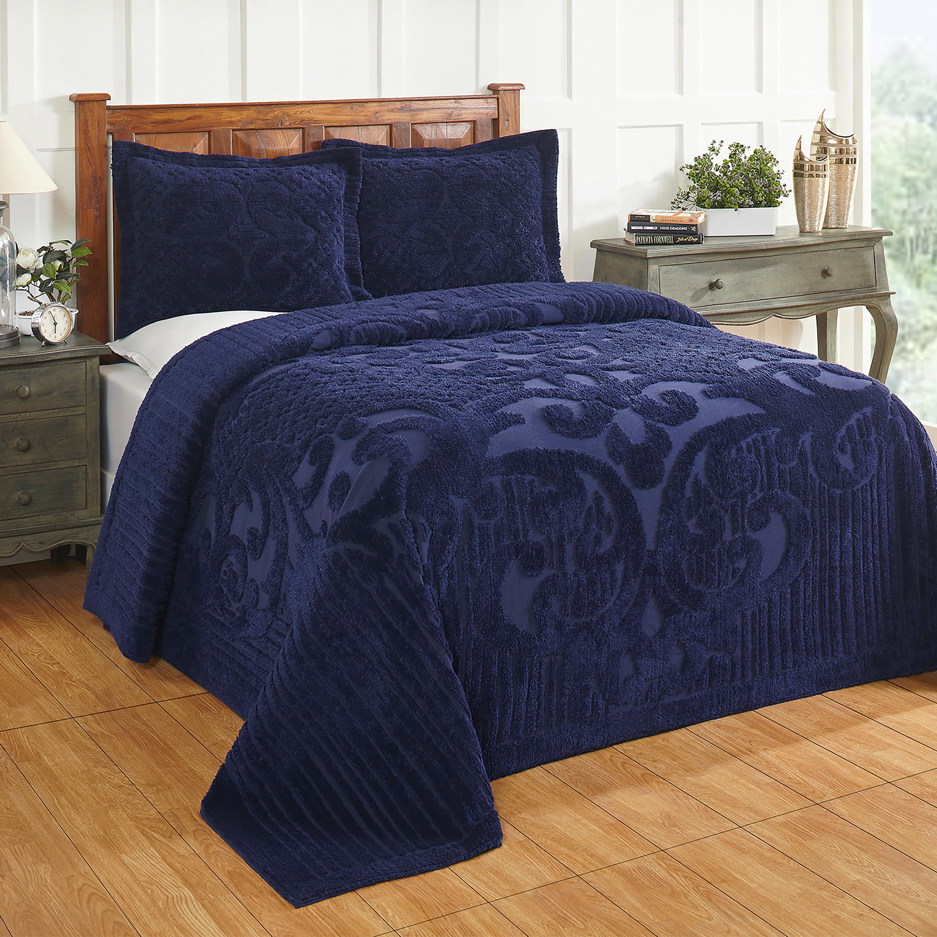 Better Trends 2 Piece Chenille Bedspread Set for Twin Bedspread 100% Cotton Lightweight Bedspread for all Season Ashton Collection (Navy)