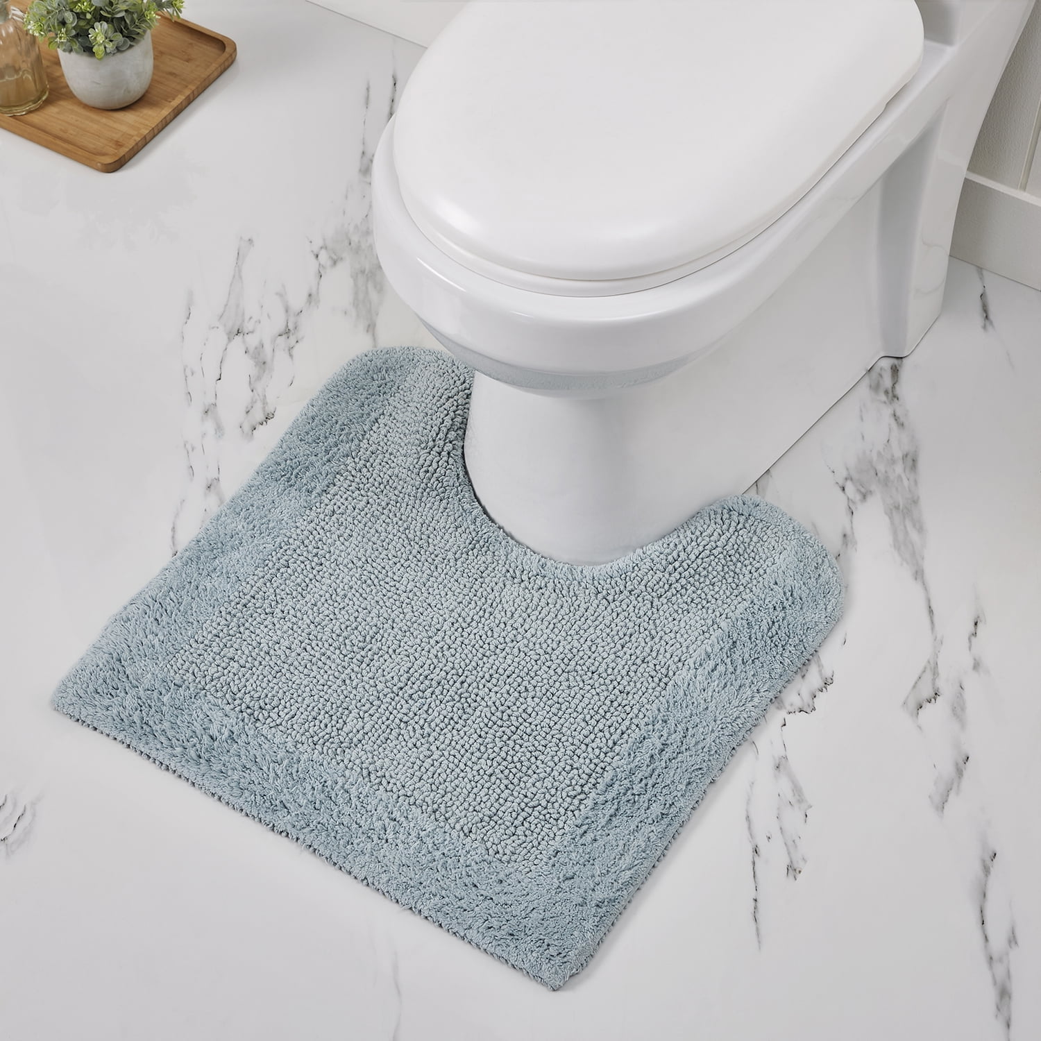 Blue Cotton Reversible Tufted Contour Toilet Rug 20x20