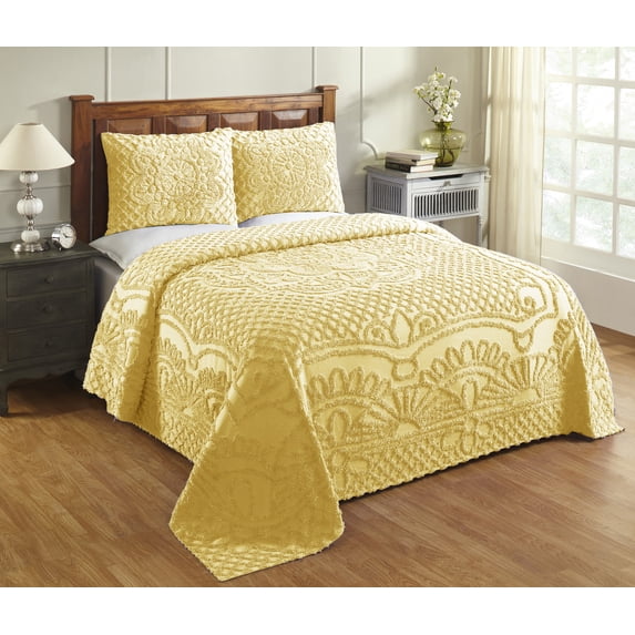 Better Trends 3 Piece Bedspread Set 100% Chenille Queen Bedding Set Soft and Breathable Machine Washable (Yellow) Trevor Collection