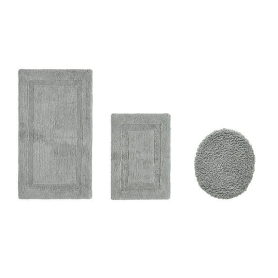 Better Trends 3 Piece Bath Rugs Set 100% Cotton Soft Water Absorbent Reversible Machine Washable Lid Cover, U-Shape Toilet Rug for Bathroom Floor Decor Seat Cover Silver Lux Collection