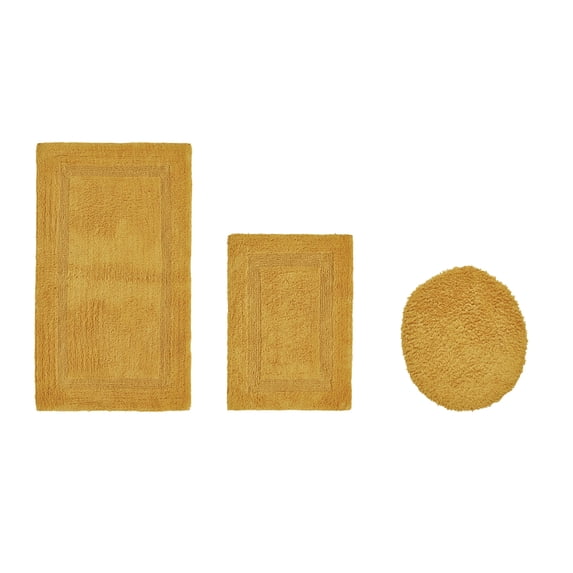 Better Trends 3 Piece Bath Rugs Set 100% Cotton Soft Water Absorbent Reversible Machine Washable Lid Cover, U-Shape Toilet Rug for Bathroom Floor Decor Seat Cover Yellow Lux Collection