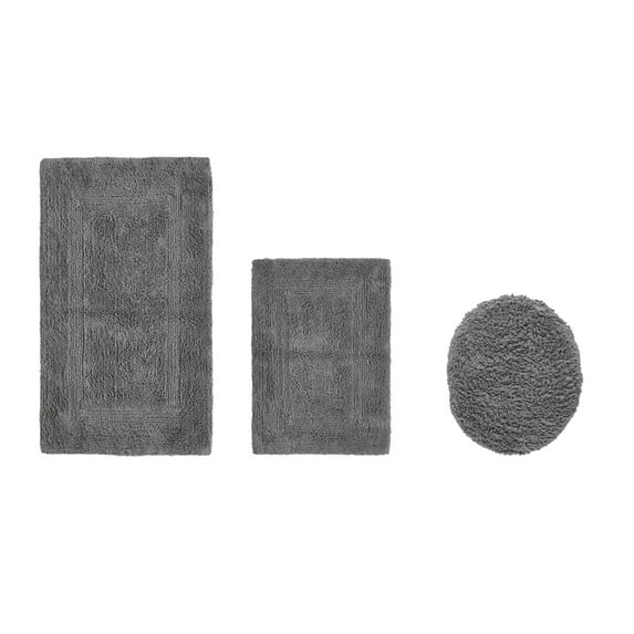 Better Trends 3 Piece Bath Rugs Set 100% Cotton Soft Water Absorbent Reversible Machine Washable Lid Cover, U-Shape Toilet Rug for Bathroom Floor Decor Seat Cover Gray Lux Collection