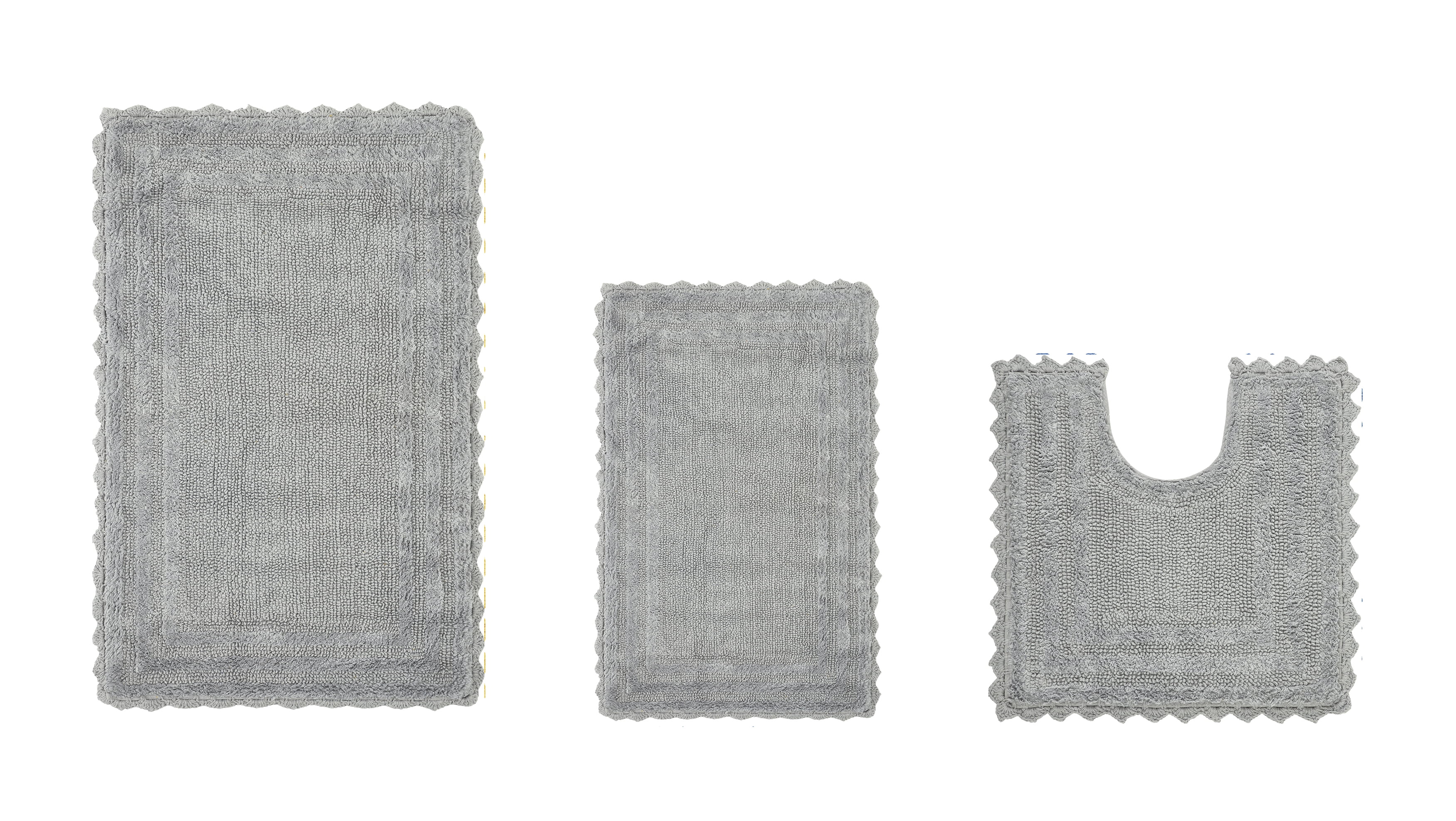Better Trends 3 Piece Bathroom Rug Set 100% Cotton, Extra Soft Tufted Bath Mat, Water Absorbent & Reversible Mat, Gray Lilly Crochet Collection
