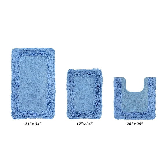 Better Trends 3 Piece Bathroom Rug Set 100% Cotton, Extra Soft, Water Absorbent & Non Slip Bath Mat, Ruffle Border, (Blue) Shaggy Border Collection