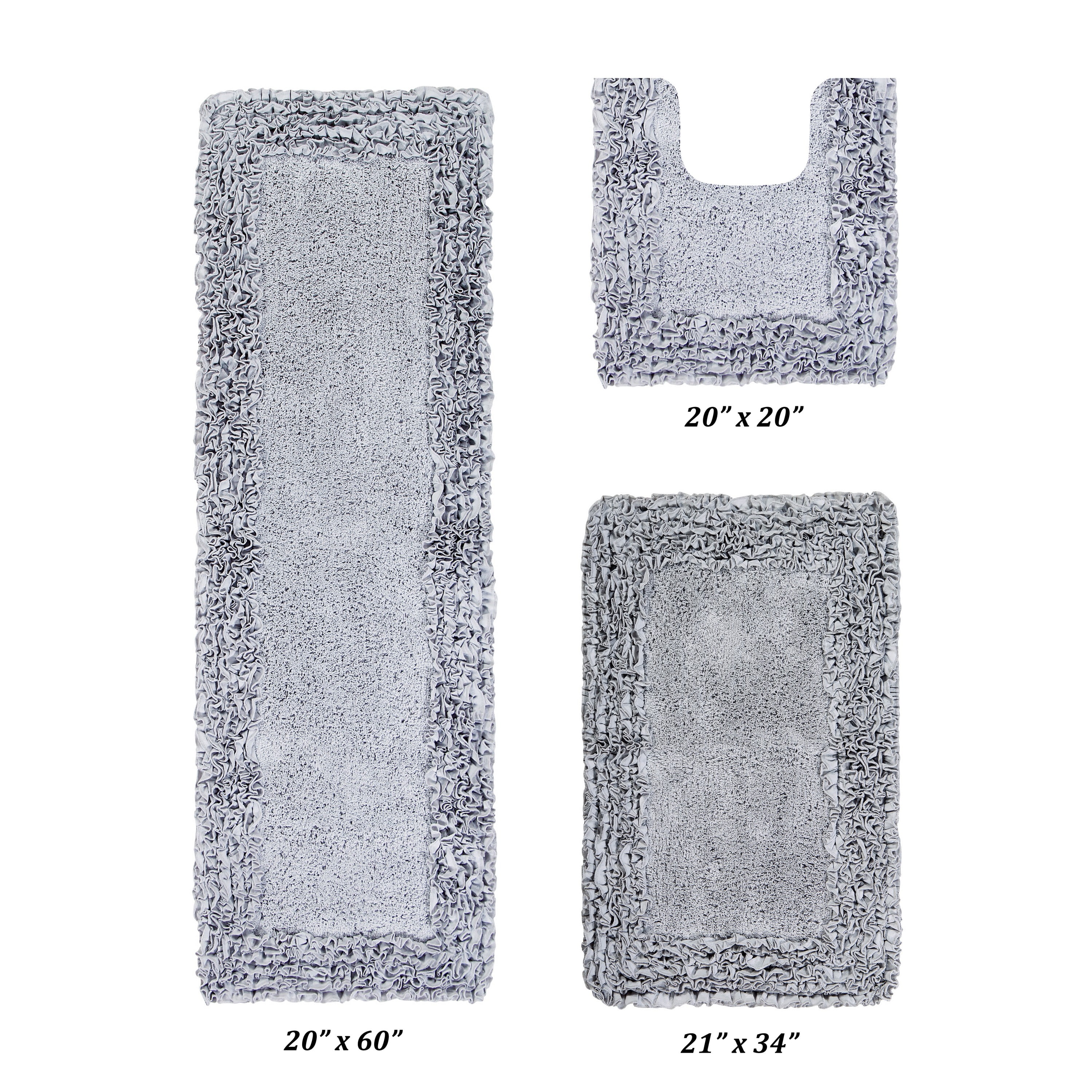 Better Trends 3 Piece Bathroom Rug Set 100% Cotton, Extra Soft, Water Absorbent & Non Slip Bath Mat, Ruffle Border, (Silver) Shaggy Border Collection