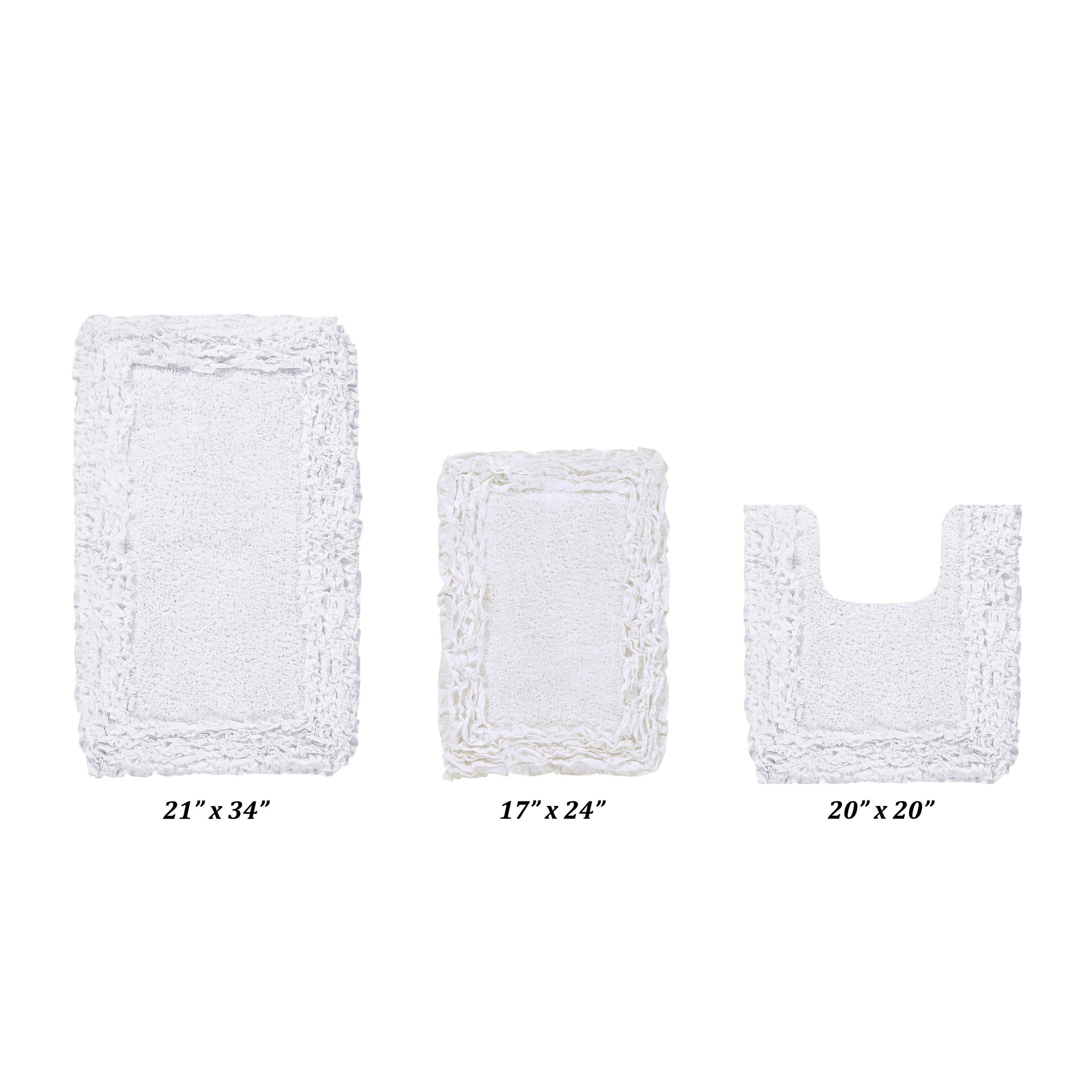 Better Trends 3 Piece Bathroom Rug Set 100% Cotton, Extra Soft, Water Absorbent & Non Slip Bath Mat, Ruffle Border, (White) Shaggy Border Collection