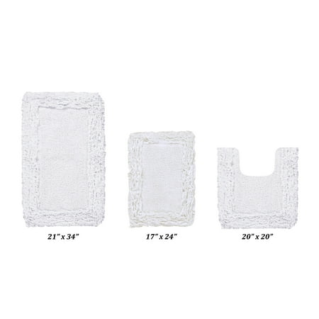 Better Trends 3 Piece Bathroom Rug Set 100% Cotton, Extra Soft, Water Absorbent & Non Slip Bath Mat, Ruffle Border, (White) Shaggy Border Collection