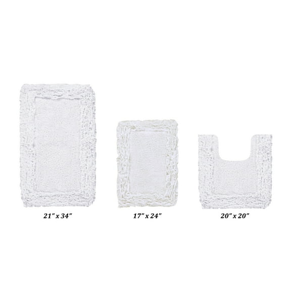 Better Trends 3 Piece Bathroom Rug Set 100% Cotton, Extra Soft, Water Absorbent & Non Slip Bath Mat, Ruffle Border, (White) Shaggy Border Collection