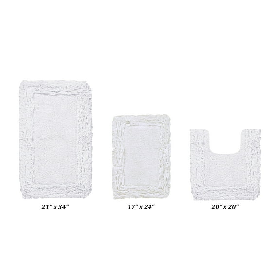 Better Trends 3 Piece Bathroom Rug Set 100% Cotton, Extra Soft, Water Absorbent & Non Slip Bath Mat, Ruffle Border, (White) Shaggy Border Collection