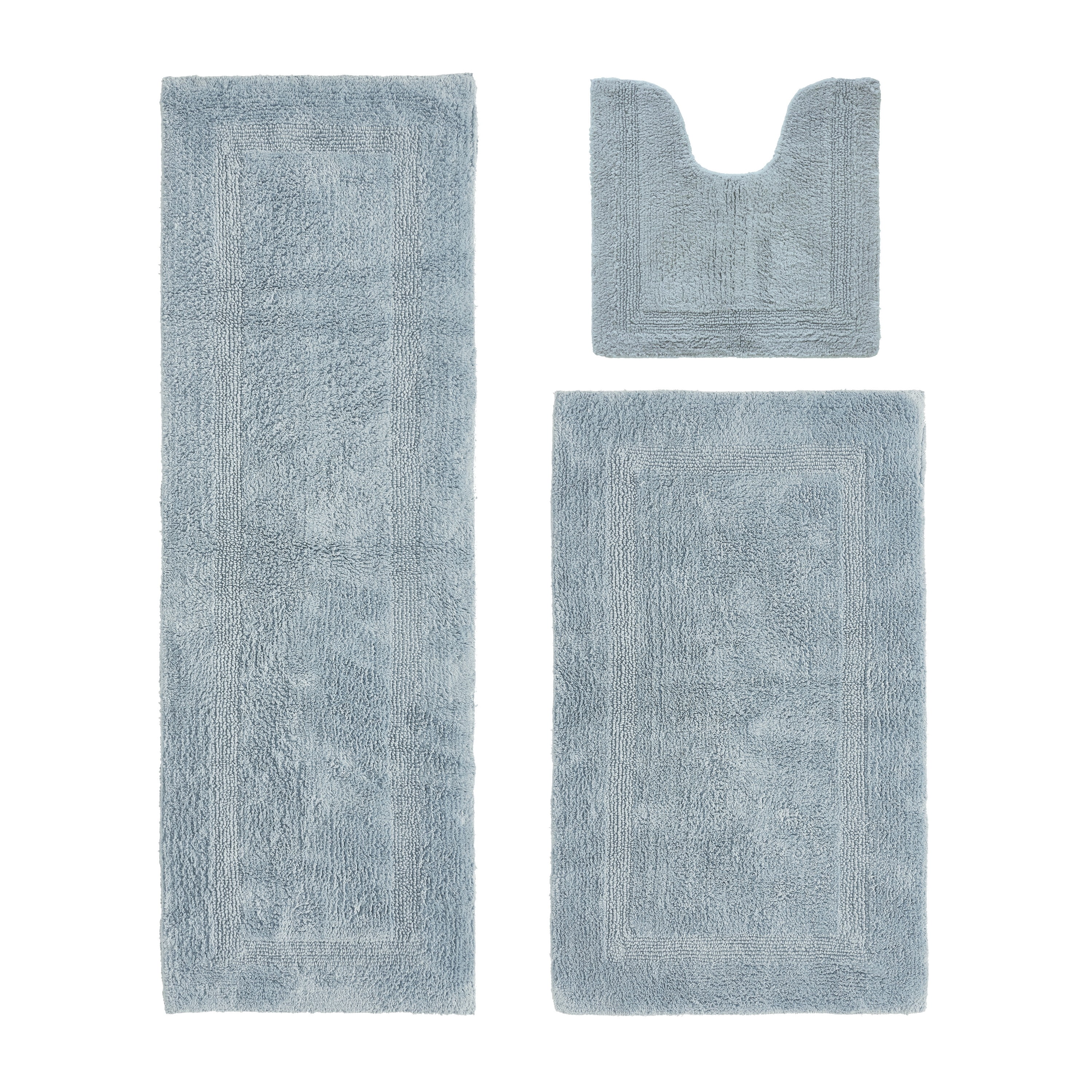Better Trends 3 Piece Bathroom Rugs Set 100% Cotton Soft Bath Rug Water Absorbent, Reversible, Machine Washable for Bathroom Decor Toilet Base Contour, Luxury Runner Mat Blue Lux Collection