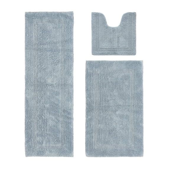 Better Trends 3 Piece Bathroom Rugs Set 100% Cotton Soft Bath Rug Water Absorbent, Reversible, Machine Washable for Bathroom Decor Toilet Base Contour, Luxury Runner Mat Blue Lux Collection