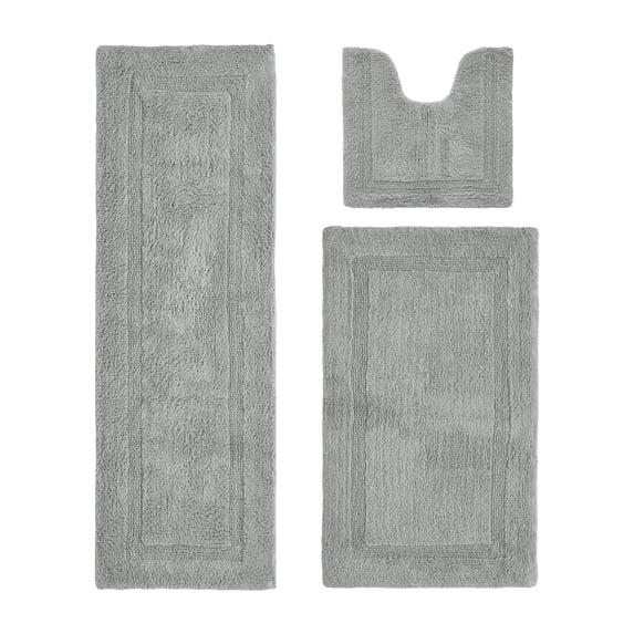 Better Trends 3 Piece Bathroom Rugs Set 100% Cotton Soft Bath Rug Water Absorbent, Reversible, Machine Washable for Bathroom Decor Toilet Base Contour, Luxury Runner Mat Silver Lux Collection