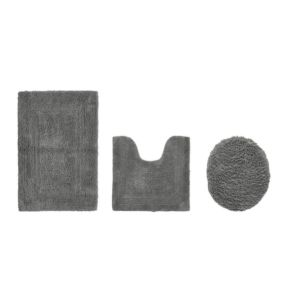 Better Trends 3 Piece Bathroom Rugs Set 100% Cotton U-Shape Toilet Rug Soft, Water Absorbent Reversible Machine Washable for Bathroom Decor Toilet Base Gray Lux Collection
