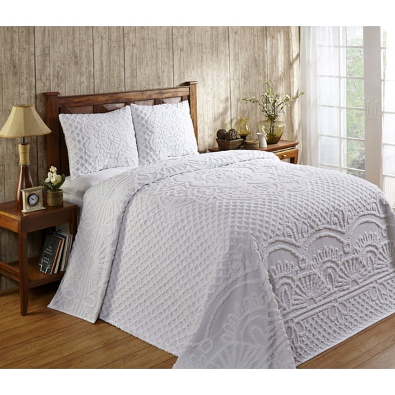 Better Trends 3 Piece Bedspread Set 100% Chenille King Bedding Set Soft and Breathable Machine Washable (White) Trevor Collection