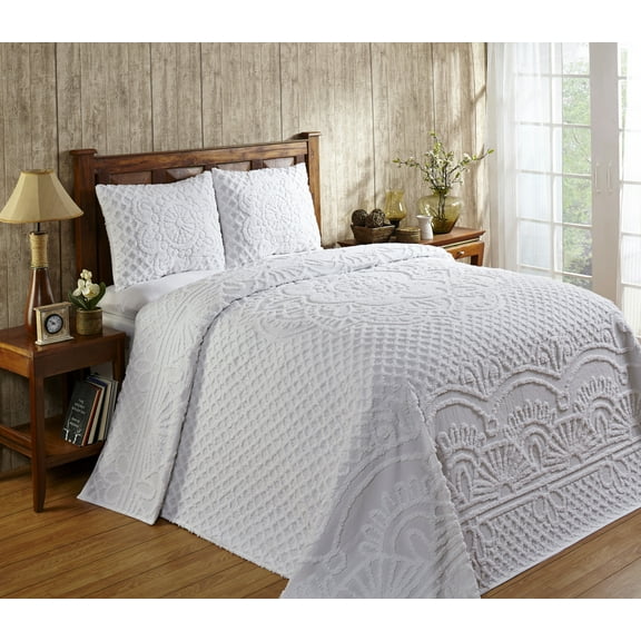 Better Trends 3 Piece Bedspread Set 100% Chenille King Bedding Set Soft and Breathable Machine Washable (White) Trevor Collection