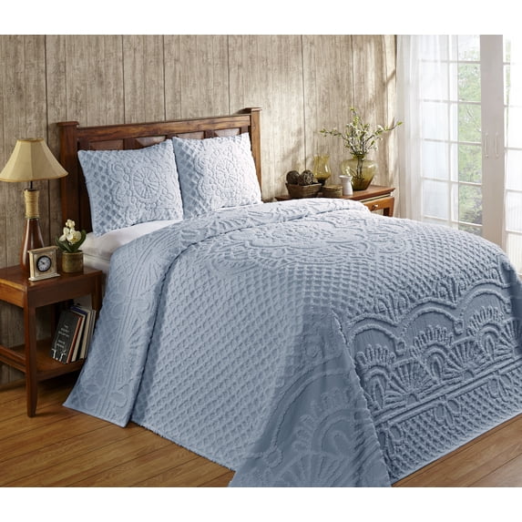 Better Trends 3 Piece Bedspread Set 100% Chenille Queen Bedding Set Soft and Breathable Machine Washable (Blue) Trevor Collection