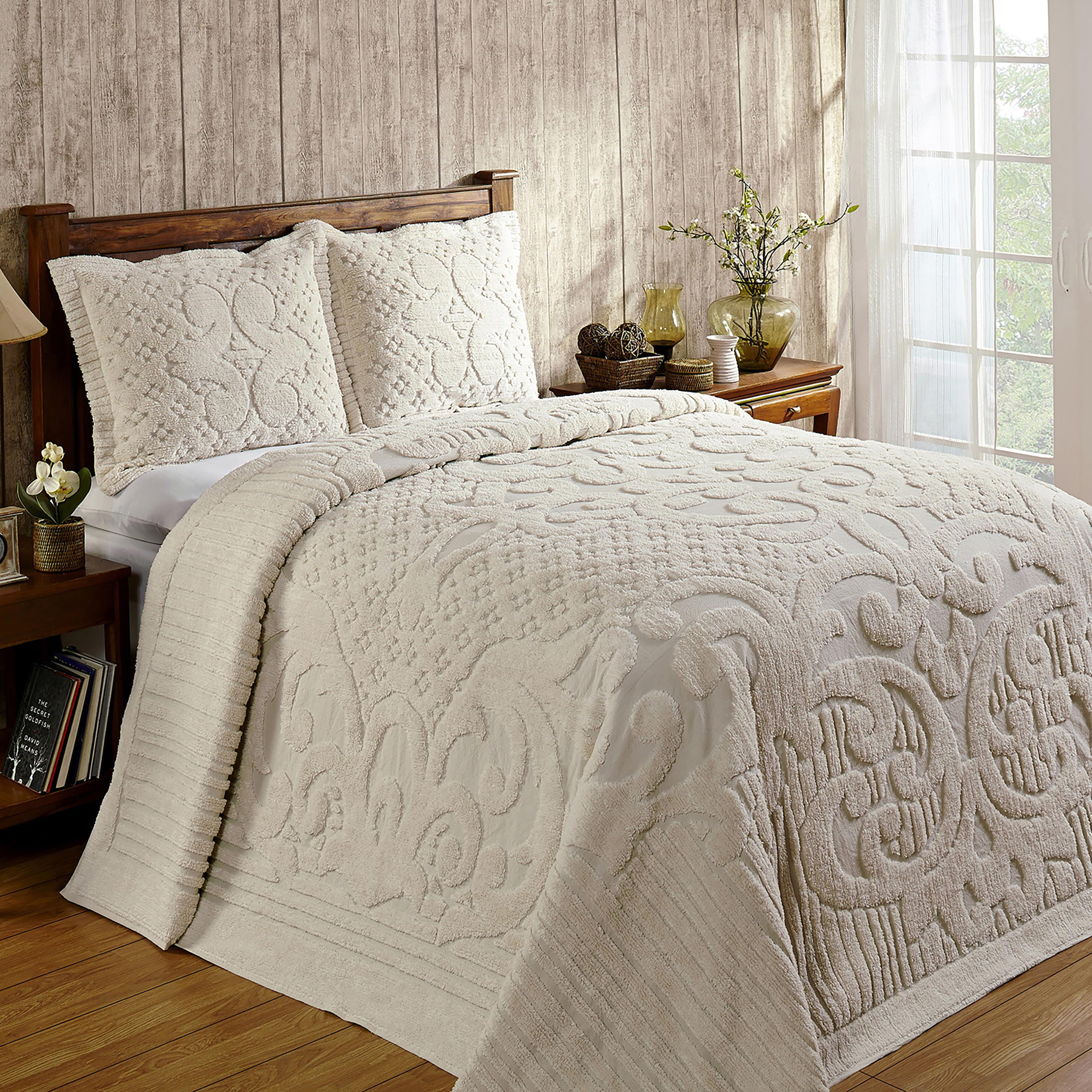 Better Trends 3 Piece Chenille Bedspread Set for Full/Double Bedspread 100% Cotton Lightweight Bedspread for all Season Ashton Collection (Ivory)