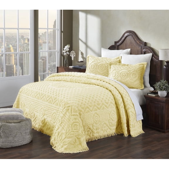 Better Trends 3 Piece Chenille Bedspread Set for King Bedspread 100% Cotton Medallion Design Lightweight Bedspread for all Season Heirloom Collection (Yellow)