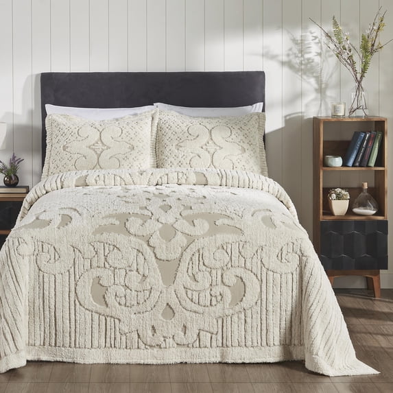 Better Trends 3 Piece Full Bedspread Set 100% Cotton Chenille Tufted Medallion Pattern Soft & Luxurious Feel, Perfect for All Seasons, Machine Washable (Beige) Serenity Collection